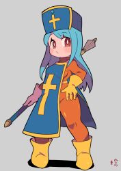 Rule 34 | 1girl, blue hair, blue hat, bodysuit, bodysuit under clothes, boots, breasts, closed mouth, commentary request, cross, dragon quest, dragon quest iii, full body, gloves, grey background, hand on own hip, hat, holding, latin cross, long hair, medium breasts, mitre, miyata (lhr), orange bodysuit, priest (dq3), red eyes, shadow, signature, simple background, solo, tabard, very long hair, yellow footwear, yellow gloves