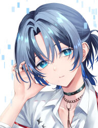 Rule 34 | 1girl, absurdres, black choker, black hair, blue eyes, blue hair, choker, close-up, collared shirt, colored inner hair, ear ornament, earrings, eyeshadow, grey eyeshadow, grey hair, hair between eyes, hand in own hair, highres, hiodoshi ao, hololive, hololive dev is, jewelry, makeup, mary is mine, medium hair, mole, mole under mouth, multicolored hair, ring, shirt, star ornament, virtual youtuber, white shirt