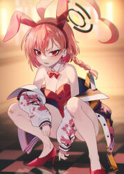 Rule 34 | 1girl, ahoge, animal ears, bandaid, bandaid on knee, bandaid on leg, blue archive, blush, bow, bowtie, braid, breasts, checkered floor, cherry blossom print, cleavage, commentary request, detached collar, earrings, eyeshadow, fake animal ears, floral print, hair between eyes, hairband, halo, high heels, highres, jacket, jewelry, leotard, long sleeves, looking at viewer, makeup, matsumoto tomoyohi, mole, mole under each eye, mole under eye, multiple moles, neru (blue archive), neru (bunny) (blue archive), off-shoulder jacket, off shoulder, official alternate costume, open mouth, playboy bunny, rabbit ears, red eyes, red footwear, red hair, short hair, small breasts, solo, squatting, sukajan, zipper