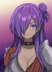 Rule 34 | 1girl, armor, asymmetrical clothes, breasts, choker, cleavage, closed mouth, fire emblem, fire emblem: three houses, fire emblem warriors, fire emblem warriors: three hopes, hair bun, hair over one eye, haniwa (8241427), highres, large breasts, long hair, looking at viewer, nintendo, purple eyes, purple hair, shez (female) (fire emblem), shez (fire emblem), simple background, single hair bun, solo