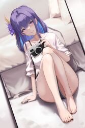 Rule 34 | 1girl, absurdres, alternate costume, arm support, bare legs, barefoot, bed, black nails, black shorts, camera, closed mouth, contemporary, dolri, dutch angle, feet, fingernails, flower, full body, genshin impact, hair flower, hair ornament, highres, holding, holding camera, knees up, long fingernails, long hair, looking at viewer, mole, mole under eye, nail polish, off-shoulder shirt, off shoulder, pillow, purple eyes, purple flower, purple hair, raiden shogun, shirt, short shorts, short sleeves, shorts, sidelocks, single bare shoulder, sitting, smile, solo, thighs, toenail polish, toenails, toes, white shirt