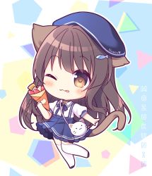 Rule 34 | 1girl, ;3, ;p, animal bag, animal ears, bag, bell, beret, black choker, black footwear, blue bow, blue hat, blue skirt, blush, bow, brown eyes, brown hair, cat ears, cat girl, cat tail, chibi, choker, closed mouth, collared shirt, commentary request, copyright request, crepe, fish hair ornament, food, full body, hair ornament, hat, holding, holding food, jingle bell, long hair, neck bell, one eye closed, pleated skirt, puffy short sleeves, puffy sleeves, ryuuka sane, shirt, shoes, short sleeves, shoulder bag, skirt, smile, solo, standing, standing on one leg, suspender skirt, suspenders, tail, thighhighs, tongue, tongue out, very long hair, white shirt, white thighhighs