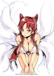 Rule 34 | 1girl, animal ears, bent over, bikini, breasts, cat ears, cat girl, cleavage, female focus, fox tail, jon tw, long hair, multiple tails, red eyes, red hair, simple background, solo, swimsuit, tail, thigh gap, white background, white bikini