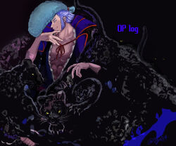Rule 34 | 1boy, animal print, arm up, black kimono, black panther, blue cape, blue eyes, blue hair, cape, cat tail, dark background, denjirou (one piece), disembodied eye, english text, frills, hand on own chin, harakara12, high collar, japanese clothes, kimono, looking at viewer, male focus, muscular, muscular male, one piece, open clothes, panther, pompadour, profile, red ribbon, ribbon, short hair, smile, tail, wig