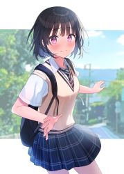 Rule 34 | 1girl, backpack, bag, black hair, blue skirt, blue sky, blurry, blurry background, blush, brown vest, closed mouth, collared shirt, dress shirt, embarrassed, highres, looking at viewer, necktie, original, outdoors, outstretched arms, pink eyes, plaid, plaid skirt, pleated skirt, road, school uniform, shirt, short hair, short sleeves, skirt, sky, solo, standing, street, tree, vest, white shirt, yushima
