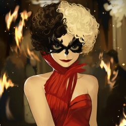 Rule 34 | 1girl, absurdres, bare shoulders, black hair, blurry, blurry background, breasts, collarbone, cruella de vil, disney, dress, eye mask, highres, looking at viewer, multicolored hair, nongxy nonshi, red dress, red lips, small breasts, smile, solo, two-tone hair, upper body, white hair