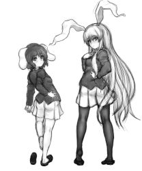 Rule 34 | 2girls, animal ears, back, barefoot, cosplay, feet, female focus, full body, greyscale, hand on own hip, inaba tewi, kneepits, kuro suto sukii, long hair, monochrome, multiple girls, pantyhose, rabbit ears, reisen udongein inaba, reisen udongein inaba (cosplay), shoeplay, shoes, short hair, simple background, single shoe, sketch, skirt, standing, standing on one leg, touhou, very long hair, white background