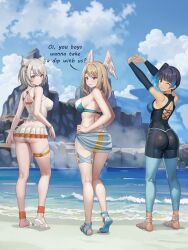 Rule 34 | 3girls, animal ears, ass, beach, bikini, blue eyes, blue footwear, blue one-piece swimsuit, blue sky, blunt bangs, blurry, blurry background, braid, breasts, cat ears, cloud, cloudy sky, commission, day, english text, eunie (xenoblade), feet, fiery hair, full body, green eyes, grey footwear, grey hair, heel up, highres, impossible clothes, impossible swimsuit, kneepits, large breasts, legs, light brown hair, looking back, mio (xenoblade), mountainous horizon, multiple girls, nipples, ocean, one-piece swimsuit, sandals, sena (xenoblade), side ponytail, sky, smile, standing, swept bangs, swimsuit, toenails, toes, vodka13, white footwear, xenoblade chronicles (series), xenoblade chronicles 3, yellow eyes