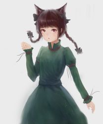 Rule 34 | 1girl, :o, animal ears, bloom, blunt bangs, bow, braid, cat ears, dress, fjsmu, floating hair, green dress, grey background, hand up, highres, juliet sleeves, kaenbyou rin, long sleeves, looking at viewer, open mouth, paw pose, puffy sleeves, red eyes, red hair, simple background, solo, touhou, twin braids, twintails