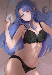 Rule 34 | 1girl, bed sheet, black bra, black panties, blue hair, blush, bra, braid, breasts, cleavage, closed mouth, commentary request, commission, ev (dai00888), fate/stay night, fate (series), highres, large breasts, long hair, looking at viewer, lying, medea (fate), navel, on back, panties, pillow, pointy ears, raised eyebrows, skeb commission, smile, solo, stomach, underwear, underwear only