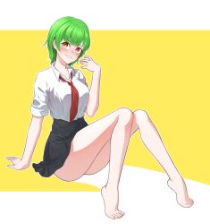 Rule 34 | 1girl, arm support, bare legs, barefoot, black skirt, blush, border, breasts, buyange, collared shirt, commentary request, feet, full body, green hair, hand up, high-waist skirt, highres, knees together feet apart, korean commentary, legs, looking at viewer, medium breasts, medium hair, miniskirt, necktie, on ground, orange eyes, original, parted lips, pleated skirt, red necktie, school uniform, shadow, shirt, short sleeves, sitting, skirt, solo, thighs, toenails, toes, white border, white shirt, yellow background