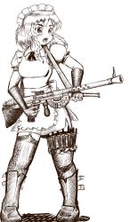 Rule 34 | 1girl, automatic rifle, bad id, bad pixiv id, boots, braid, brown theme, chauchat, female focus, fingerless gloves, garter belt, garter straps, gloves, gun, highres, izayoi sakuya, knife, light machine gun, machine gun, maid, maid headdress, monochrome, roppa, simple background, solo, tears, thighhighs, throwing knife, touhou, twin braids, weapon, white background