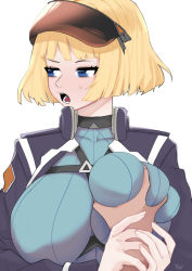 Rule 34 | 1girl, bad id, bad pixiv id, blonde hair, blue eyes, blue leotard, grabbing another&#039;s breast, breasts, goggles, goggles on head, grabbing, griffon (last origin), guided breast grab, guiding hand, highres, huge breasts, jacket, kael (flanrigel), large breasts, last origin, leotard, looking away, looking to the side, open mouth, out of frame, pov, pov hands, ribbed leotard, short hair, solo focus, sweatdrop, white background