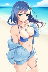 Rule 34 | 1girl, beach, bikini, blue bikini, blue hair, blue jacket, breasts, cleavage, commentary request, gomashio ponz, hair ornament, hairclip, highres, jacket, jewelry, large breasts, long hair, long sleeves, looking at viewer, maria traydor, navel, necklace, off-shoulder jacket, off shoulder, outdoors, smile, solo, star ocean, star ocean till the end of time, swimsuit