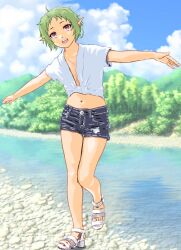 Rule 34 | 1girl, :d, ahoge, alternate costume, cloud, day, denim, denim shorts, elf, forest, green hair, highres, looking at viewer, mizumori keiichi, mushoku tensei, nature, navel, open mouth, outdoors, outstretched arms, pointy ears, red eyes, shirt, short shorts, shorts, sky, smile, solo, stream, sylphiette (mushoku tensei), tied shirt, tree, water, white footwear, white shirt