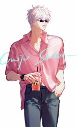 Rule 34 | 1boy, bishounen, blue eyes, coffee, cup, denim, glasses, gojou satoru, highres, holding, holding cup, holding weapon, jeans, jujutsu kaisen, looking to the side, male focus, pants, pink shirt, qin x5, shirt, weapon, white hair