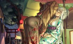 Rule 34 | 1other, 2girls, absurdres, ass, bent over, blonde hair, braid, breasts, closed eyes, evening, festival, fireworks, highres, japanese clothes, kimono, lantern, large breasts, multiple girls, original, outdoors, sitting, standing, straight hair, wanashi tam, white hair, yuri