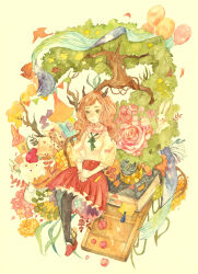 Rule 34 | 1girl, apple, balloon, black pantyhose, book, branch, brown hair, fish, flower, food, fruit, green eyes, horns, leaf, letter, long hair, love letter, open book, original, oversized object, painting (medium), pantyhose, parted lips, pink flower, pink rose, rabbit, red flower, red footwear, red rose, red skirt, ribbon, rose, shirt, shoes, sitting, skirt, smile, solo, traditional media, tree, urawaa, watercolor (medium), yellow flower, yellow rose