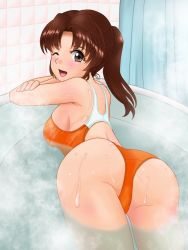 Rule 34 | 1girl, artist request, ass, bathing, bathroom, blush, breasts, brown eyes, brown hair, character request, competition swimsuit, large breasts, legs, looking at viewer, looking back, medium hair, one-piece swimsuit, one eye closed, ponytail, sideboob, smile, swimsuit, thighs, tub, wet, wink