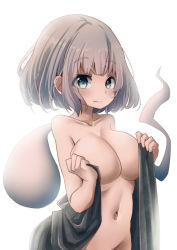 Rule 34 | 1girl, black ribbon, blunt bangs, bob cut, breasts, cleavage, closed mouth, collarbone, commentary request, fingernails, green eyes, green vest, groin, hair ribbon, hands up, highres, hitodama, konpaku youmu, konpaku youmu (ghost), large breasts, looking at viewer, navel, no hairband, open clothes, open vest, pegashi, ribbon, short hair, silver hair, simple background, solo, standing, stomach, touhou, vest, white background