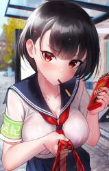 Rule 34 | 1girl, armband, black hair, black sailor collar, black skirt, blush, bob cut, bra, breasts, bus stop, cleavage, collarbone, commentary request, day, food, food in mouth, hair ornament, hairclip, highres, holding, large breasts, leaning forward, looking at viewer, miniskirt, mouth hold, necktie, necktie grab, neckwear grab, original, outdoors, pink bra, pocky, pov, rain, red eyes, red necktie, sailor collar, school uniform, see-through, serafuku, shirosaba, shirt, short hair, short sleeves, skirt, solo, underwear, v-shaped eyebrows, water drop, wet, wet clothes, wet hair, wet shirt