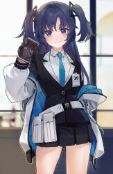 Rule 34 | 1girl, belt, belt pouch, black gloves, black skirt, black suit, blue archive, blue eyes, blue jacket, blue necktie, calculator, closed mouth, collared shirt, cowboy shot, formal, gloves, highres, holding, id card, jacket, jacket partially removed, kuronuma s, light blush, long hair, long sleeves, looking at viewer, necktie, off shoulder, pleated skirt, pouch, purple hair, shirt, skirt, smile, solo, suit, two-sided fabric, two-sided jacket, two side up, white belt, white jacket, yuuka (blue archive)