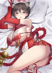 Rule 34 | 1girl, animal ears, ass, bare shoulders, black hair, blue archive, blush, breasts, cleavage, elbow gloves, gloves, grey eyes, half-closed eyes, highres, large breasts, looking at viewer, lying, open mouth, pelvic curtain, red gloves, red sailor collar, red skirt, rope, sailor collar, short hair, sideboob, sideless outfit, skirt, smile, solo, tabard, tassel, thighs, tsubaki (blue archive), underboob, yoshimoto (dear life)