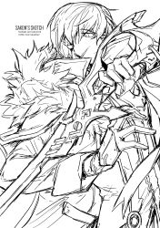 Rule 34 | 1boy, absurdres, blade master (elsword), elsword, facial scar, frown, fur trim, gloves, greyscale, highres, holding, holding sword, holding weapon, jacket, long sleeves, looking at viewer, monochrome, raven cronwell, sakon04, scar, scar on cheek, scar on face, serious, short hair, sketch, solo, sword, weapon