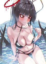 Rule 34 | 1girl, bikini, black bikini, black hair, blue archive, blush, breasts, cleavage, collarbone, flower, hair flower, hair ornament, halo, highres, large breasts, long hair, looking to the side, nanashi (74 nanashi), navel, partially submerged, ponytail, red eyes, side-tie bikini bottom, solo, stomach, swimsuit, thighs, tsurugi (blue archive), tsurugi (swimsuit) (blue archive), very long hair, water, wings