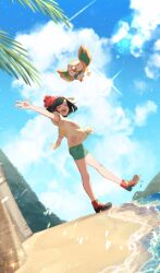 Rule 34 | 1girl, arm up, beanie, black hair, boots, closed eyes, cloud, commentary request, creatures (company), day, from side, game freak, gen 7 pokemon, green shorts, hat, highres, leg up, mocacoffee 1001, nintendo, open mouth, outdoors, palm tree, pokemon, pokemon (creature), pokemon sm, red headwear, rowlet, sand, selene (pokemon), shirt, shore, short hair, short shorts, short sleeves, shorts, sky, sparkle, standing, standing on one leg, teeth, tied shirt, tongue, tree, upper teeth only, water, yellow shirt