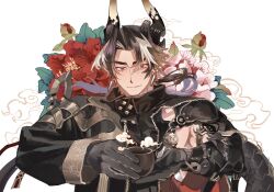 Rule 34 | 1boy, 3000zialg, arknights, armor, blonde hair, brown hair, chong yue (arknights), closed mouth, cup, dragon boy, dragon horns, dragon tail, earrings, floating hair, flower, hands up, high collar, highres, holding, holding cup, horns, jewelry, long hair, long sleeves, looking at viewer, low ponytail, male focus, multicolored hair, pauldrons, pointy ears, red eyes, red flower, rerebrace, shoulder armor, single pauldron, single sleeve, smile, solo, streaked hair, tail, upper body, white background, whorled clouds, wide sleeves, wind