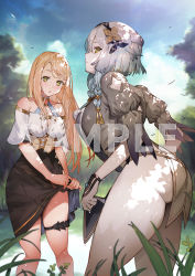 Rule 34 | 2girls, ass, atelier (series), atelier ryza, atelier ryza 2, bare shoulders, black skirt, blonde hair, blurry, blurry background, breasts, clothes lift, highres, klaudia valentz, large breasts, long hair, looking at viewer, multiple girls, official art, pale skin, puffy short sleeves, puffy sleeves, sample watermark, serri glaus, short sleeves, skirt, skirt lift, thick thighs, thigh strap, thighs, toridamono, watermark, wet, wet clothes, white hair, yellow eyes