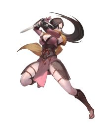 Rule 34 | 1girl, armor, breasts, brown eyes, brown hair, cleavage, dagger, female focus, fire emblem, fire emblem fates, fire emblem heroes, full body, greaves, hair over one eye, highres, holding, holding dagger, holding knife, holding weapon, kagero (fire emblem), knife, lack, large breasts, long hair, ninja, nintendo, no socks, official art, ponytail, sandals, scarf, solo, transparent background, weapon