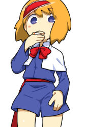 Rule 34 | 1girl, alice margatroid, blonde hair, blue eyes, blue shirt, blue shorts, blush, bow, bowtie, capelet, cigarette, collared capelet, commentary request, cookie (touhou), cowboy shot, frilled hairband, frills, grey background, hairband, highres, holding, holding cigarette, kakusou, long sleeves, looking at viewer, medium bangs, red bow, red bowtie, red hairband, red sash, sash, shirt, short hair, shorts, simple background, smoking, solo, taisa (cookie), touhou, white capelet