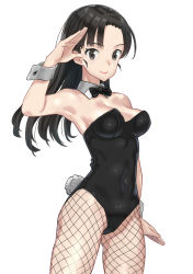 Rule 34 | 1girl, alternate costume, armpits, asymmetrical bangs, black bow, black bowtie, black eyes, black hair, black leotard, black pantyhose, bow, bowtie, breasts, closed mouth, collar, commentary, cowboy shot, detached collar, fake tail, fishnet pantyhose, fishnets, girls und panzer, highres, leotard, long hair, looking at viewer, medium breasts, nishi kinuyo, pantyhose, playboy bunny, rabbit tail, salute, simple background, smile, solo, standing, strapless, strapless leotard, tail, white background, white collar, wing collar, wrist cuffs, yamano rita