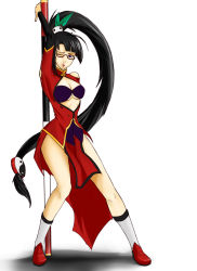 Rule 34 | 1girl, arc system works, black hair, blazblue, blazblue: calamity trigger, breasts, china dress, chinese clothes, cleavage, cleavage cutout, clothing cutout, dress, glasses, hair ornament, kinao, litchi faye ling, long hair, medium breasts, panda, ponytail, purple eyes, shoes, solo, staff, very long hair