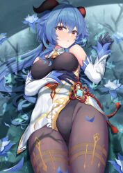 Rule 34 | 1girl, ahoge, amaner, arm under breasts, bare shoulders, bell, black gloves, black pantyhose, blue flower, blue hair, blush, bodystocking, bodysuit, breasts, chinese knot, detached sleeves, flower, flower knot, ganyu (genshin impact), genshin impact, glaze lily, gloves, gold trim, groin, highres, horns, leotard, leotard under clothes, long hair, looking at viewer, low ponytail, lying, medium breasts, neck bell, on back, open mouth, pantyhose, purple eyes, sidelocks, solo, tassel, thighlet, thighs, vision (genshin impact), white sleeves