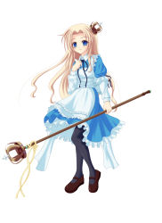 Rule 34 | 1girl, :3, alice (alice in wonderland), alice in wonderland, bad id, bad pixiv id, black pantyhose, blonde hair, blue eyes, blush, closed mouth, full body, highres, holding, holding staff, long hair, long sleeves, looking at viewer, pantyhose, psyche3313, smile, solo, staff