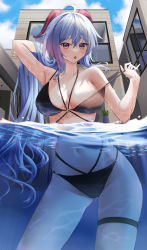 Rule 34 | 1girl, :o, absurdres, ahoge, arm behind head, arm up, armpits, bare arms, bare shoulders, bikini, black bikini, blue hair, breasts, cleavage, contrapposto, cowboy shot, day, ganyu (genshin impact), genshin impact, goat horns, hand up, highres, horns, large breasts, long hair, looking at viewer, multi-strapped bikini, nacho (nacho 1103), navel, open mouth, outdoors, partially submerged, partially underwater shot, purple eyes, solo, standing, stomach, strap pull, string bikini, swimsuit, thigh strap, thighs, underwater, water, wet