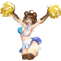 Rule 34 | 1girl, :d, ahoge, animal ears, animal hands, armpits, arms up, barb-tan, barbariank, bare arms, bare shoulders, bear ears, bear girl, blonde hair, blue archive, breasts, brown hair, character name, cheerleader, cleavage, clothes writing, commentary, cosplay, cowboy shot, crop top, cropped legs, english commentary, fur, hair between eyes, highres, large breasts, looking at viewer, midriff, millennium cheerleader outfit (blue archive), motion lines, multicolored hair, open mouth, original, pleated skirt, pom pom (cheerleading), short hair, simple background, skirt, smile, solo, streaked hair, tail, two-tone hair, v-shaped eyebrows, white background