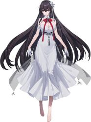 Rule 34 | 1girl, absurdres, barefoot, black hair, breasts, cleavage, counter:side, dress, full body, gloves, highres, large breasts, long hair, looking at viewer, official art, purple eyes, simple background, solo, tachi-e, tammiel (counter:side), transparent background, very long hair, white dress, white gloves, yoo mina