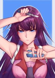 Rule 34 | 1girl, arm up, armpits, bakemonogatari, blue background, blue eyes, border, boxcutter, breasts, closed mouth, collarbone, collared shirt, commentary, doctorcroe, english commentary, grey border, hand up, highres, holding, long hair, looking at viewer, medium breasts, monogatari (series), naoetsu high school uniform, necktie, pink nails, pink shirt, purple hair, purple necktie, school uniform, senjougahara hitagi, shirt, sidelocks, sleeves rolled up, solo, stapler, twitter username, upper body, v-shaped eyebrows