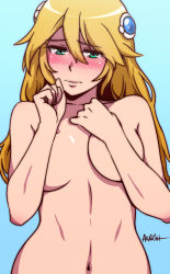 Rule 34 | 1girl, akairiot, blazblue, blazblue: chronophantasma, blonde hair, blue background, blush, breasts, completely nude, covering privates, covering breasts, embarrassed, green eyes, highres, long hair, looking at viewer, navel, noel vermillion, nude, solo, stomach, upper body, wavy mouth