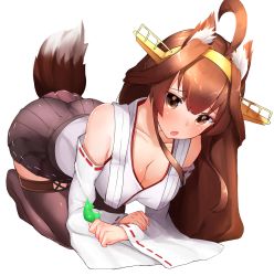 Rule 34 | 10s, 1girl, absurdres, ahoge, all fours, alternate eye color, animal ears, ass, bare shoulders, black thighhighs, blush, boots, boruhis, breasts, brown eyes, brown hair, cleavage, detached sleeves, double bun, fox ears, fox tail, hair bun, hairband, headgear, highres, japanese clothes, kantai collection, kemonomimi mode, kongou (kancolle), large breasts, long hair, looking at viewer, nontraditional miko, open mouth, ribbon trim, sidelocks, solo, tail, thigh boots, thighhighs, thighs, wide sleeves