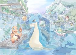 Rule 34 | afloat, bag, blue eyes, boat, brown bag, charmander, claws, closed mouth, cloud, commentary request, creatures (company), day, fire, flame-tipped tail, game freak, gen 1 pokemon, gen 2 pokemon, gen 4 pokemon, highres, hoothoot, lapras, lying, mantine, mantyke, momota pix, nintendo, on back, open mouth, orange eyes, outdoors, pokemon, pokemon (creature), politoed, remoraid, ripples, shoulder bag, sky, sleeping, squirtle, standing, tongue, twitter username, water, watercraft
