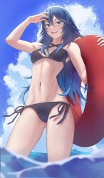 Rule 34 | 1girl, absurdres, alternate costume, arm up, bikini, black bikini, blue bikini, blue eyes, blue hair, blue sky, blurry, blurry foreground, blush, breasts, cloud, cloudy sky, day, eyelashes, feet out of frame, fire emblem, fire emblem awakening, gluteal fold, gradient hair, hair between eyes, halterneck, hand up, highres, holding, innertube, lucina (fire emblem), multicolored hair, navel, nintendo, open mouth, pomelomelon, shadow, side-tie bikini bottom, sidelocks, sky, small breasts, solo, swim ring, swimsuit, teeth, thighs, upper teeth only, wading, water