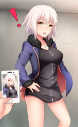 Rule 34 | !, 1girl, ahoge, akazawa kureha, alternate costume, black dress, blonde hair, breasts, cellphone, coat, dress, fate/grand order, fate (series), fur coat, highres, holding, holding phone, indoors, jeanne d&#039;arc (fate), jeanne d&#039;arc alter (fate), jeanne d&#039;arc alter (ver. shinjuku 1999) (fate), jewelry, large breasts, looking at viewer, necklace, official alternate costume, open clothes, open coat, open mouth, out of frame, phone, platinum blonde hair, short dress, short hair, smartphone, solo focus, standing, taking picture, yellow eyes