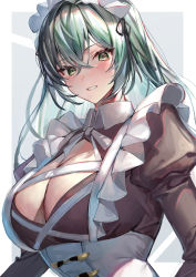 Rule 34 | 1girl, absurdres, azur lane, blush, breasts, cleavage, crossed bangs, frilled hairband, frills, green hair, hair between eyes, hairband, highres, kabi (zcwd8845), large breasts, long hair, looking at viewer, maid, maid headdress, official alternate costume, revenge (azur lane), revenge (the maid-knight charges forth!) (azur lane), solo, upper body, yellow eyes