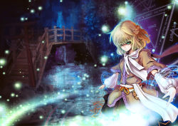 Rule 34 | 1girl, arm warmers, arms at sides, blonde hair, bridge, female focus, green eyes, magic, magic circle, mizuhashi parsee, outstretched arms, pointy ears, revision, scarf, sherrybt, short hair, solo, spread arms, touhou