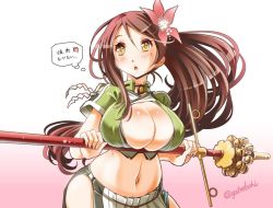 Rule 34 | 10s, 1girl, amagi (kancolle), bare shoulders, breasts, brown eyes, brown hair, cleavage cutout, clothing cutout, crop top, female focus, flower, gradient background, hair between eyes, hair flower, hair ornament, kantai collection, large breasts, long hair, looking away, midriff, mole, mole under eye, navel, open mouth, ponytail, short sleeves, sogabe toshinori, solo, staff